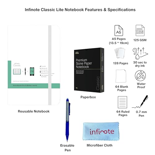 Image of Infinote Classic Reusable Stone Paper SmartNotebook Planner - Powered by App, Includes 1 Erasable Pen - Medium 12 X 19.5, White, 83
