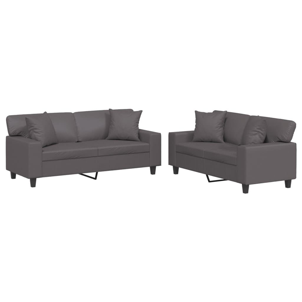 Juego de 2 sofás de piel sintética gris, 154 x 77 x 80 cm, sofá pequeño con cojines gruesos, diseño moderno, marco de madera contrachapada de acero resistente para salón, comedor, pasillo