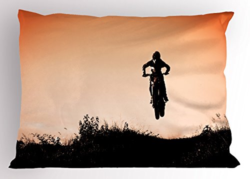 Ambesonne Sports Pillow Sham, Silhouette of Motorcycle Over The Hills Horizon Artwork Orangish Sunset, Decorative Standard Size Printed Pillowcase, 36