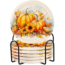 Fall Pumpkin 6 Pcs Coasters with Holder,Bar Coasters Set for Drinks,3.9" Round Table Coasters for Coffee Table Tabletop Protection Housewarming Gift for Home Decor 2010894