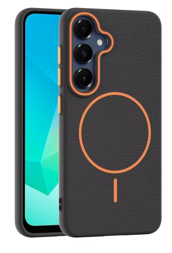 Image of Elzzi Magnetic Case for Samsung Galaxy A16, Lychee Texture [Compatible with MagSafe] Premium PC+TPU Back Cover with Anti-Yellow Microfiber Inner Lining, Shockproof Slim Protective Phone Case (Black)
