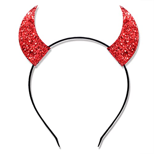 ZITULRY Halloween Headbands for Women Rhinestone Devil Horns Headband Crystal Cat Ears Headband Hairwear for Girls (Devil Horns Sequins Red), Adjustable Size