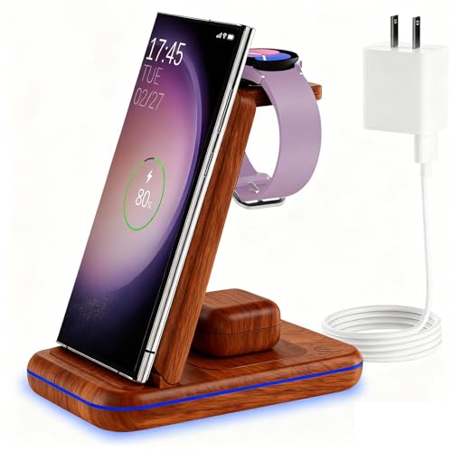 Image of Wireless Charging Station for Samsung /Android, Fast Wireless Watch Charger Station Compatible for Samsung Galaxy S26 Ultra /S25 /S24+ /Z Flip 7 /6 Fold 7 /6, Watch8 /7 /Pro /Active 2 Galaxy Buds3 /2 Pro(Wood)