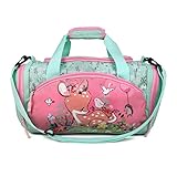Sporttasche Kinder Reisetasche Umhängetasche mit süßem REH Rehkitz Blumen Vogel Igel für Mädchen & Jungen - 14,2 Liter - 35 x 22 x 18,5 cm, pastellgrün/rosa