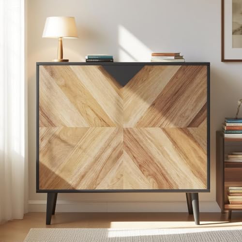 Garvee Modern Storage Free Standing Accent Cabinet, Buffet Cabinet with Doors, Wood Finish Sideboard Buffet with Storage for Dining Room, Entryway, Black+Walnut Grain, 31.5 Inch