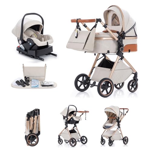 Trio poussette 3 en 1 beige avec siège auto et landau pliable pour nouveau-né