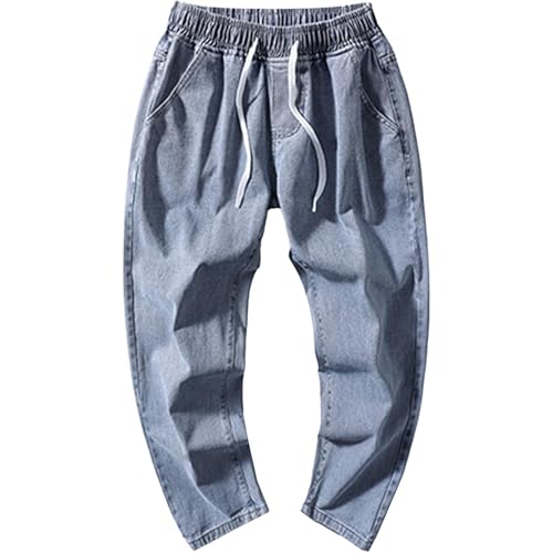 Men's Straight Baggy Denim Trousers Elastic Waist Drawstring Loose Cargo Pants Regular Fit Casual Wide Leg Jeans