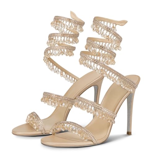 Rhinestone Wrap Around Strappy Stiletto High Heels for Women, Open Round Toe Lace Up Heeled Sandals for Wedding Prom Party Dress