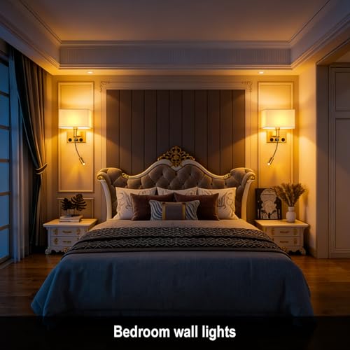 Image of Bedroom Wall Sconces, Hardwired Wall Lamp with USB and Reading Lamp Fabric Shade Bedside Wall Lights with Reading Lamp for Bedroom Living Room Hotels Corridors (Brass)