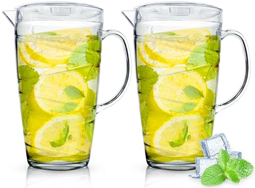 Plastic Jug 2L (2 Pack) Swirl Design Plastic Pitcher Jug with Lid & Vented Spout - Pimms Summer Juices Picnics and BBQ Garden Parties - Clear Design