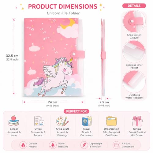 Image of Kids A4 File Folder Button Lock | Cartoon Theme Expandable Document Organizer Bag for Kids | 6 Pocket File Holder Certificates Test Papers Homework & School Documents Waterproof Storage