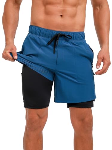 ECUPPER Mens Swim Trunks with Compression Liner Board Shorts with Zipper Pockets Quick Dry Swimwear Beach Bathing Swimsuit