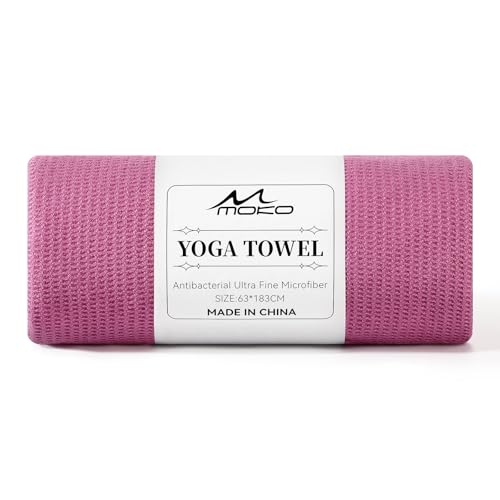 MoKo Yoga Handtuch rutschfest, Yoga Matten Handtuch mit Griffpunkten und Eckentaschen, 74,4'×27,3' Übungsmatte Abdeckung für Pilates, Fitness, Meditation, Schwimmbad, Stranddecke, Magenta, 1 Stück