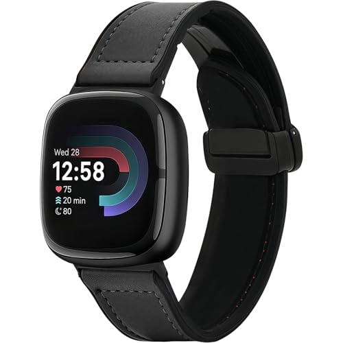 Magnetic Leather Bands Compatible with Fitbit Versa 4/Fitbit Versa 3/Sense 2/Sense 1,Genuine Leather Band Replacement Accessories Strap for Women Men (Black)