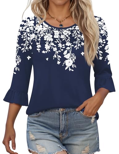Image of Kistore Women's Navy Floral Print 3/4 Sleeve Pleated Neck Top XL