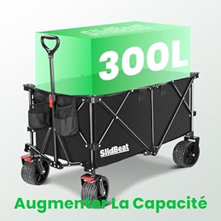 SLIDBEAT Chariot Tout Terrain Pliable - 226kg Capacité 300L, Roues XXL 18cm, Chariot Plage avec Freins, Structure Triangulaire Renforcée, Toile 600D Imperméable - Pour Plage, Camping, Peche, Transport