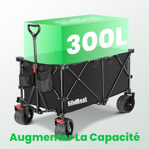 SLIDBEAT Chariot Tout Terrain Pliable - 300L Capacité 250KG, Roues XXL 18cm, Chariot Plage avec Freins, Structure Triangulaire Renforcée, Toile 600D Imperméable - Pour Plage, Camping, Peche, Transport – vue 2