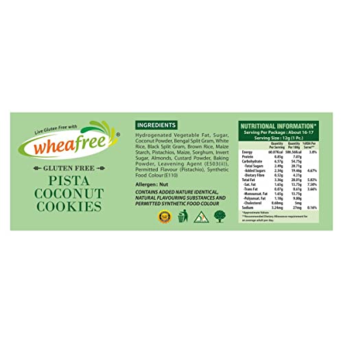 Image of Wheafree Gluten Free Pista Coconut Cookies - Pack of 2 (200g each) No Maida | Best Tea Time Snacks | 100% Vegetarian and Wholesome Ingredients