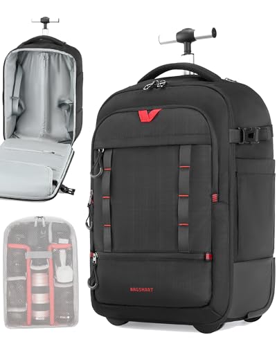 BAGSMART Rolling Camera Bag, Camera Backpack for DSLRs, Professional Roller Camera Backpack for Travelling Photographer, Photographic Rolling Case & Travel Suitcase, Black