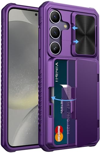 Image of Vihibii for Samsung Galaxy S24 Back Cover with Card Holder (4 Cards) & Slide Camera Cover & Kickstand, Shockproof Rugged Hard Back & TPU Soft Edge Case for Galaxy S24, Dark Purple