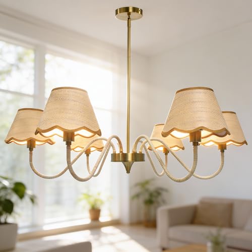 Image of 39 inch Boho Rattan Chandelier, 6-Light Rattan Pendant Light, Handwoven Natural Rattan, Rustic Industrial Adjustable Rattan Fixture for Dining Room, Kitchen Island & Living Room, E12 Socket