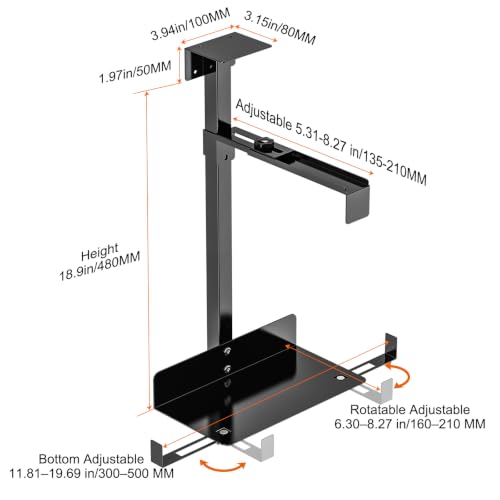 Soporte para PC bajo escritorio, capacidad hasta 77 lb, montaje en pared, altura ajustable 3.9–18.5", ancho ajustable 5.1–8.5", soporte para torre de computadora miniatura 5