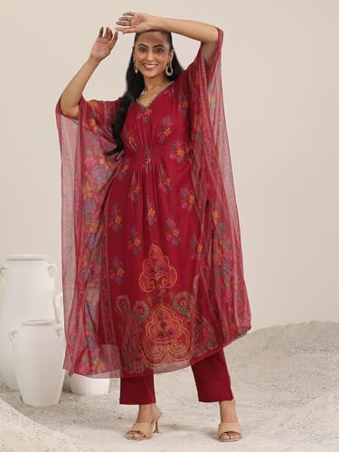 Image of Libas Womens Printed Chiffon A Line Kurta With Trousers | daily wear suit