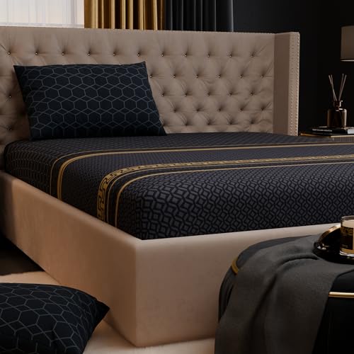 Image of Stoa Paris 100% Bamboo Cotton King Size Fitted Bedsheet with 2 Pillow Covers, 200TC Printed Bed Set, Breathable, All-Season Comfort, Home Decor, Imperial Grandeur -Obsidian Suite(182cmx198cm+30cm)