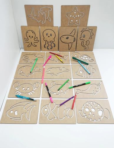 Image of Cliths 18-Piece Montessori Sea Ocean Animals Stencil Set - Wooden Toys for Skill Development and Learning