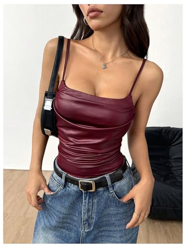 MakeMeChic Women's PU Leather Draped Camisole Spaghetti Strap Sleeveless Cami Top4