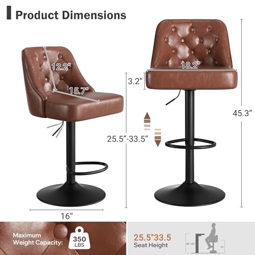 Juego de 3 Butacos Ajustables para Barra con Respaldo, Asiento Giratorio Tapizado en Cuero Sintético, Estilo Retro para Isla de Cocina, Marrón Oscuro miniatura 2