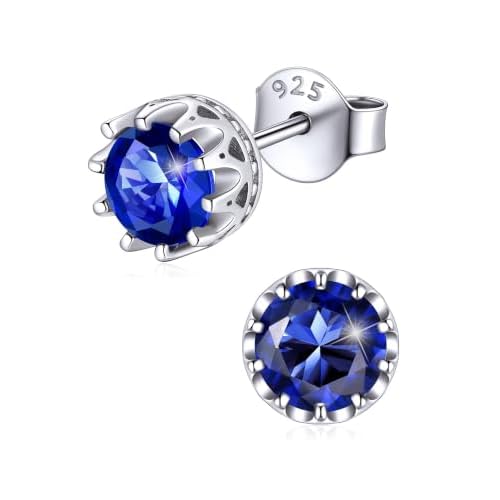 ChicSilver 925 Sterling Silver Earrings Sparkling Heart/Round/Princess Cut Birthstone Earrings for Women Birthday Jewelry with Gift Box E.September(Sapphire)-Round Crown