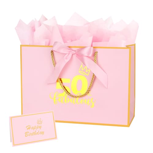 Dimetey Bolsa de regalo de cumpleaños de 12.6 pulgadas con tarjeta y papel de seda para hombres y mujeres, decoraciones de cumpleaños (rosa 50)