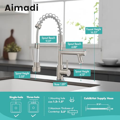 Image of AIMADI Commerical Kitchen Faucet with Sprayer,Single Handle Pull Down Sprayer Kitchen Sink Faucet with LED Light Two Spout,Brushed Nickel