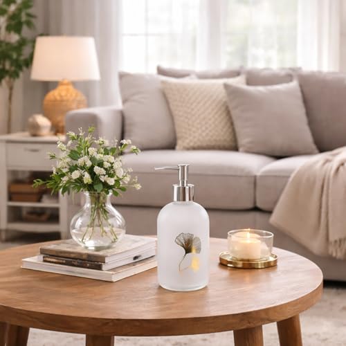 Image of Luxe Home International Flower Print Glass Soap Dispenser for Bathroom and Kitchen Sink Leak Proof Liquid Hand Wash Round Bottle Lightweight Smooth Finish (19.5x7.5 cm White) Pack of 1