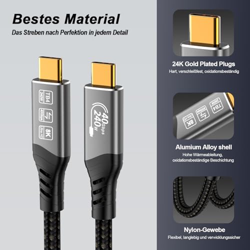 EUDOBEL USB C Thunderbolt 4 Kabel 1m, USB C Datenkabel 40Gbps, Schnellladung 240W, 4K@144Hz 8K@60Hz USB C Video Kabel für eGPU… – Ansicht 6