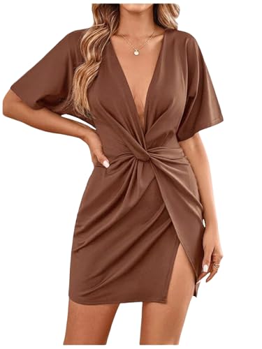 Image of Floerns Women's Deep V Neck Twisted Plunging High Slit Mini Party Dress