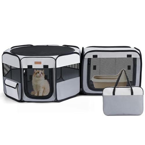 Lekespring Recinto per Gatti da Interno - 120 cm x 40 cm Portatile, Recinto Gatti 2 in 1 per Interno ed Esterno, Ideale per Cuccioli e Piccoli Animali, Box per Cat con Borsa Trasporto