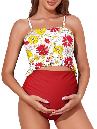Image of Summer Mae Maternity High Waist Swimsuit Ruffle Hem Bikini Bathing Suit Shirred Bandeau Two Piece Pregnancy Swimwear Red Yellow Flowers Medium