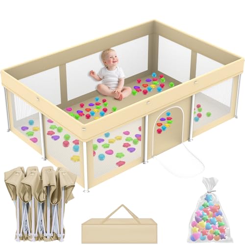 Image of Foldable Playpen for Babies and Toddlers,50 inchx71 inch Collapsible Play Pen with 100 Ball Pit Balls, Portable Indoor & Outdoor Play Yard, Baby Fence with Carry Bag, Mat Not Include, Beige