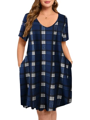 Image of ZENNILO Women's Plus Size Swing Dress with Pockets Casual Summer Dresses V Neck Short Sleeve T Shirt Dress for Women