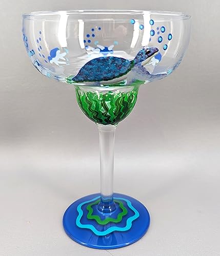 Sea Turtle Family Margarita Glass - Hand Painted - Baby & Momma Sea Turtles Underwater