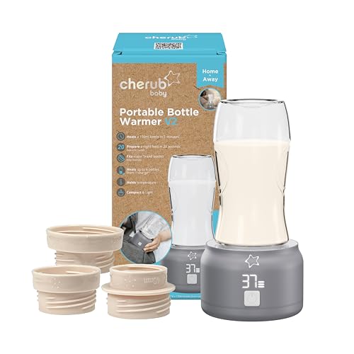 Cherub Baby Portable Travel Baby Bottle Warmer, 3 Adaptors Included | Rechargeable Bottle Warmer with Temperature Control | USB Heating for Breastmilk & Formula On-The-Go | Fits Tommee Tippee, MAM