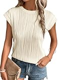 EVALESS Women's Short Sleeve T Shirts 2025 Fashion Casual Spring Summer Crew Neck Loose Fit Textured Tops Plain Basic Tee Blouses Clothes Beige Large