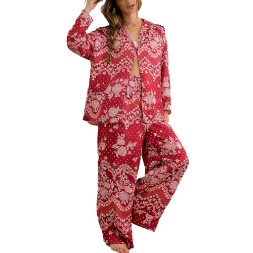 Image of Women Satin Pajama Set Floral Silk Pajamas 2 Piece Lounge Sets Button Down Shirts Wide Leg Pants Pjs Sleepwear