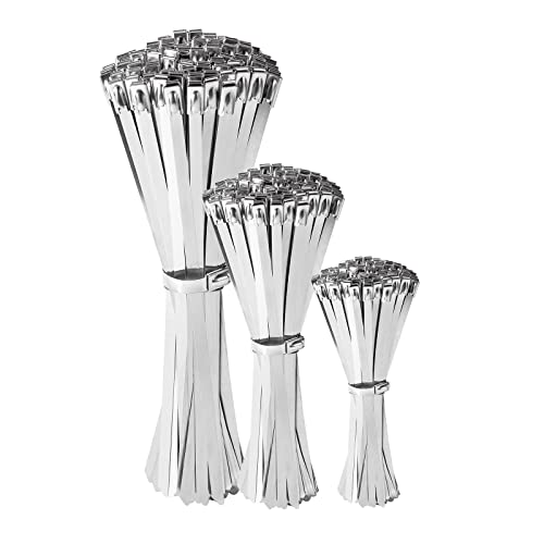 300Pcs Metal Cable Zip Ties,300 Lbs Tensile Strength, 304 Stainless Steel,Multi-Purpose Heavy Duty Self-Locking Cable Ties,Dimensions 6", 10", 14". #TOP1