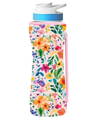 SLEILIN 22oz Cute Printed Sleeve Compatible With Cirkul Water Bottle For Plastic And Stainless Steel Bottles 22oz Neoprene Sweat-Wicking Material Insulated Cover Designed With Handles (Pink Flower)