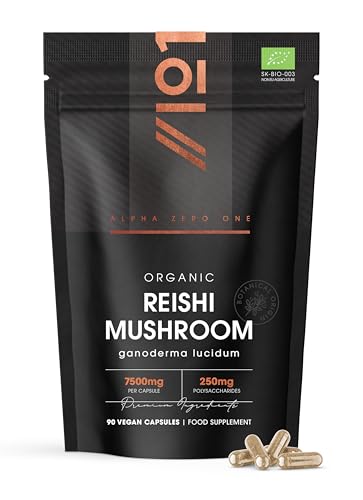 Organic Reishi Mushroom 7500mg – 50% Polysaccharides High Strength Extract Reishi Mushroom Supplement – 90 Vegan Capsules (3 Months Supply) – by Alpha01