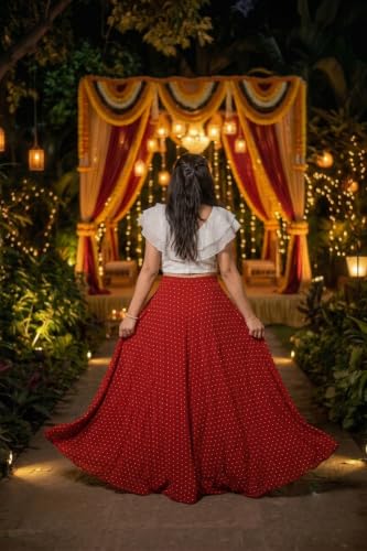 Image of Women's Lycra Top with Georgette Skirt | Polka Dot Print Long Flared Maxi | Full Length Flowy Skirt for Women | Stylish Casual Wear
