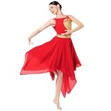 AFAVOM Women's Lyrical Dance Costume Sleeveless Shiny Metallic Gold Lyrical Dance Dress Asymmetric Flowy Tulle Chiffon Skirt Cutout Backless Contemporary Dance Costumes Ballet Leotard Dancewear Red L